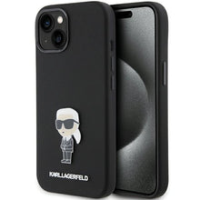 Заредете изображение във визуализатора на галерията – Karl Lagerfeld Silicone Ikonik Metal Pin case for iPhone 15 - black
