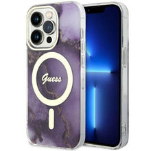 Заредете изображение във визуализатора на галерията – Original Case GUESS hardcase Golden Marble MagSafe GUHMP14LHTMRSU for Iphone 14 Pro purple
