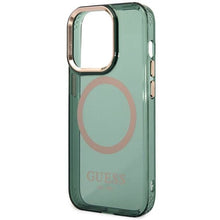 Заредете изображение във визуализатора на галерията – Guess GUHMP14XHTCMA iPhone 14 Pro Max 6.7" green/khaki hard case Gold Outline Translucent MagSafe
