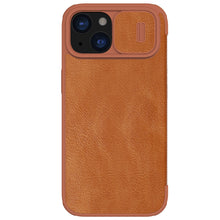 Заредете изображение във визуализатора на галерията – Nillkin Qin Pro Leather iPhone 15 Camera Flip Leather Case - Brown
