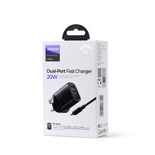 Заредете изображение във визуализатора на галерията – Joyroom fast UK wall charger USB Type C + USB 20W PD QC3.0 black (L-QP2011) + USB Type C - Lightning cable 1m (S-M006)
