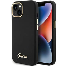 Заредете изображение във визуализатора на галерията – Guess Silicone Script Metal Logo &amp; Frame case for iPhone 15 - black
