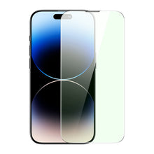 Заредете изображение във визуализатора на галерията – Baseus Full Screen Tempered Glass for iPhone 14 Pro Max with Anti Blue Light Filter and 0.3mm Speaker Cover + Mounting Frame
