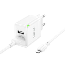 Заредете изображение във визуализатора на галерията – Borofone Wall charger BN15 Strong - 2xUSB - 2,1A with USB to Lightning cable white
