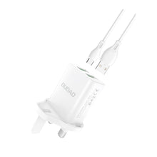Заредете изображение във визуализатора на галерията – Dudao wall charger UK plug (United Kingdom) 2xUSB-A 2.4A white + USB-A cable - USB-C white
