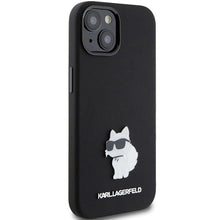 Заредете изображение във визуализатора на галерията – Karl Lagerfeld Silicone Choupette Metal Pin case for iPhone 15 Plus / 14 Plus - black
