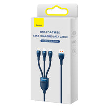 Заредете изображение във визуализатора на галерията – Baseus Flash Series Ⅱ 3in1 cable with fast charging USB-A to USB-C / Micro-USB / Lightning 66W 480Mb/s 1.2m blue
