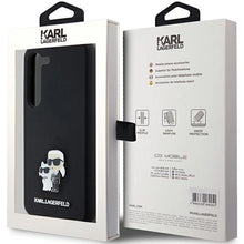 Заредете изображение във визуализатора на галерията – Karl Lagerfeld Silicone Karl&amp;Choupette Metal Pin case for Samsung Galaxy S23 - black
