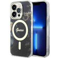 Заредете изображение във визуализатора на галерията – Original Case GUESS hardcase Golden Marble MagSafe GUHMP14XHTMRSK for Iphone 14 Pro Max black
