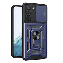 Заредете изображение във визуализатора на галерията – Hybrid Armor Camshield case for Samsung Galaxy S23 armored case with camera cover blue
