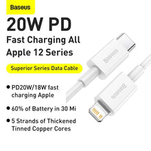 Заредете изображение във визуализатора на галерията – Baseus cable type c to apple lightning 8-pin pd20w power delivery superior series catlys-02 0,25m white - TopMag
