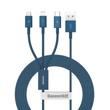 Заредете изображение във визуализатора на галерията – Baseus cable usb 3in1 (to apple lightning 8-pin + type c + micro) 3,5a superior camltys-03 1,5m blue - TopMag
