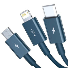 Заредете изображение във визуализатора на галерията – Baseus cable usb 3in1 (to apple lightning 8-pin + type c + micro) 3,5a superior camltys-03 1,5m blue - TopMag
