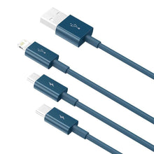 Заредете изображение във визуализатора на галерията – Baseus cable usb 3in1 (to apple lightning 8-pin + type c + micro) 3,5a superior camltys-03 1,5m blue - TopMag
