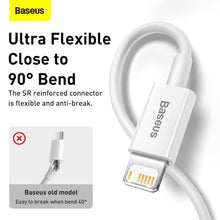 Заредете изображение във визуализатора на галерията – Baseus кабел usb to apple lightning 8-pin 2,4a superior series fast charging calys-a02 1 meter бял - TopMag
