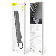 Заредете изображение във визуализатора на галерията – Baseus Enjoyment MacBook / notebook stand HUB USB Typ C PD / VGA / HDMI / RJ45 / USB 3.0 / SD, TF, micro SD card reader Dark for MacBook / PC gray (CATSX-G0G)
