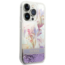 Заредете изображение във визуализатора на галерията – Original faceplate case guess guhcp14llflsu for iphone 14 pro (liquide glitter flower / purple)
