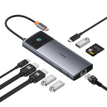 Заредете изображение във визуализатора на галерията – HUB 10in1 Baseus Metal Gleam Series II USB-C to HDMI 4K 120Hz / HDMI 4K 60Hz / USB-A 10Gb/s / 2xUSB-A 480Mb/s / USB-C 10Gb/s / RJ45 / SD / TF / USB-C PD - gray
