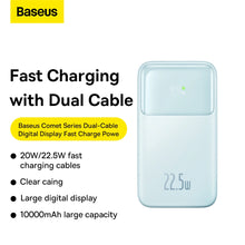 Заредете изображение във визуализатора на галерията – Baseus Comet Series powerbank with display 10000mAh 22.5W - blue + USB-A - USB-C cable 0.3m - white
