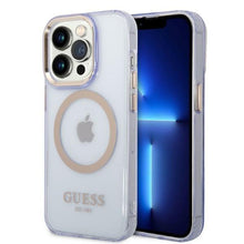 Заредете изображение във визуализатора на галерията – Guess GUHMP14LHTCMU iPhone 14 Pro 6.1&quot; purple/purple hard case Gold Outline Translucent MagSafe
