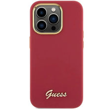 Заредете изображение във визуализатора на галерията – Guess Silicone Script Metal Logo &amp; Frame case for iPhone 15 Pro Max - red
