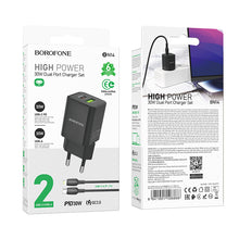 Заредете изображение във визуализатора на галерията – Borofone Wall charger BN14 Royal GaN - USB + Type C - QC 3.0 PD 30W with Type C to Lightning cable black

