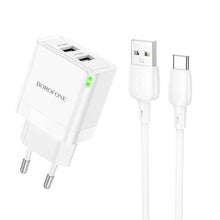 Заредете изображение във визуализатора на галерията – Borofone Wall charger BN15 Strong - 2xUSB - 2,1A with USB to Type C cable white
