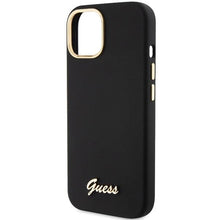 Заредете изображение във визуализатора на галерията – Guess Silicone Script Metal Logo &amp; Frame case for iPhone 15 - black

