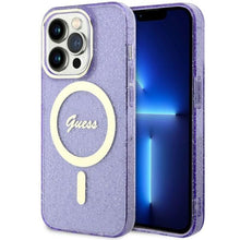 Заредете изображение във визуализатора на галерията – Guess GUHMP14LHCMCGU iPhone 14 Pro 6.1" purple/purple hardcase Glitter Gold MagSafe
