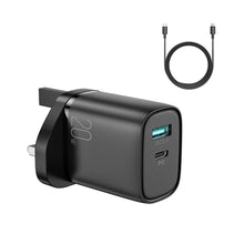 Заредете изображение във визуализатора на галерията – Joyroom fast UK wall charger USB Type C + USB 20W PD QC3.0 black (L-QP2011) + USB Type C - Lightning cable 1m (S-M006)

