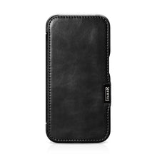 Заредете изображение във визуализатора на галерията – MagSafe Compatible Leather Flip Case for iPhone 15 Pro iCarer Curved Edge Oil Wax Real Leather Folio Case - Black
