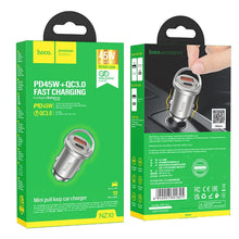 Заредете изображение във визуализатора на галерията – HOCO car charger USB QC 3.0 + Type C PD 45W NZ10 silver
