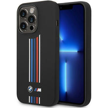 Заредете изображение във визуализатора на галерията – Case BMW BMHCP14L22SWTK iPhone 14 Pro 6.1" black/black Silicone Vertical Tricolor Lines
