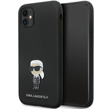 Заредете изображение във визуализатора на галерията – Original Pouch KARL LAGERFELD hardcase Silicone Ikonik Metal Pin KLHCN61SMHKNPK for Iphone 11/ Xr black
