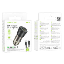 Заредете изображение във визуализатора на галерията – Borofone Car charger BZ25 Journey - USB + Type C - PD 38W 3A with Type C to Type C cable black
