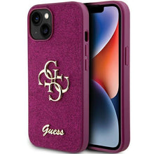 Заредете изображение във визуализатора на галерията – Guess Glitter Script Big 4G case for iPhone 15 - purple

