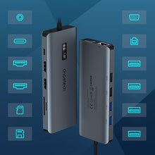 Заредете изображение във визуализатора на галерията – Choetech multifunctional HUB with display 12in1 USB-C to USB-C / USB-A / HDMI / VGA / AUX / SD / TF gray (HUB-M26)
