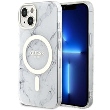 Заредете изображение във визуализатора на галерията – Original Case GUESS hardcase Marble MagSafe GUHMP14MPCUMAH for Iphone 14 Plus white
