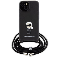 Заредете изображение във визуализатора на галерията – Original Pouch KARL LAGERFELD hardcase Crossbody Saffiano Monogram Metal Pin Karl&amp;Choupette KLHCP15SSASKNPSK for Iphone 15 Black
