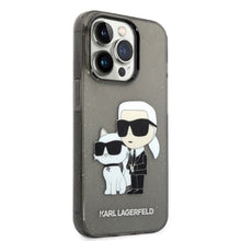 Заредете изображение във визуализатора на галерията – Original Pouch KARL LAGERFELD Gliter Karl&amp;Choupette KLHCP14LHNKCTGK for Iphone 14 Pro black
