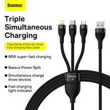 Заредете изображение във визуализатора на галерията – BASEUS cable USB 3in1 Flash Series USB-C micro USB Lightning 66W CASS040001
 1.2m black
