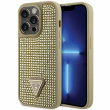Заредете изображение във визуализатора на галерията – Original Case GUESS Rhinestone Triangle hardcase GUHCP14XHDGTPD for Iphone 14 Pro gold
