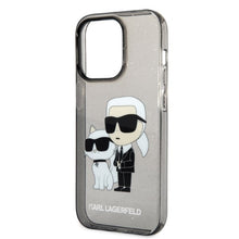 Заредете изображение във визуализатора на галерията – Original Pouch KARL LAGERFELD Gliter Karl&amp;Choupette KLHCP14LHNKCTGK for Iphone 14 Pro black
