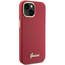 Заредете изображение във визуализатора на галерията – Guess Silicone Script Metal Logo &amp; Frame case for iPhone 15 - red
