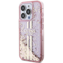 Заредете изображение във визуализатора на галерията – Original faceplate case GUESS GUHCP15LLFCSEGP for iPhone 15 Pro (Liquid Glitter Gold Stripes / pink)
