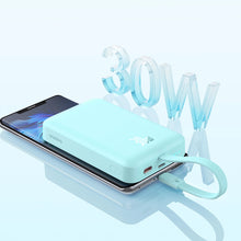 Заредете изображение във визуализатора на галерията – Baseus Magnetic Mini MagSafe 10000mAh 30W powerbank with built-in Lightning cable - blue + Baseus Simple Series USB-C - USB-C 60W 0.3m cable
