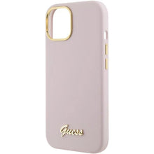 Заредете изображение във визуализатора на галерията – Guess Silicone Script Metal Logo &amp; Frame case for iPhone 15 - pink
