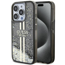 Заредете изображение във визуализатора на галерията – Original faceplate case GUESS GUHCP15LLFCSEGK for iPhone 15 Pro (Liquid Glitter Gold Stripes / black)
