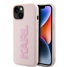 Заредете изображение във визуализатора на галерията – Original faceplate case KARL LAGERFELD KLHCP15M3DMBKCP for iPhone 15 PLUS (3D Logo Glitter  / pink)
