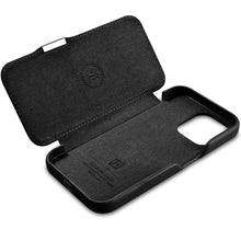 Заредете изображение във визуализатора на галерията – MagSafe Compatible Leather Flip Case for iPhone 15 iCarer Curved Edge Oil Wax Real Leather Folio Case - Black
